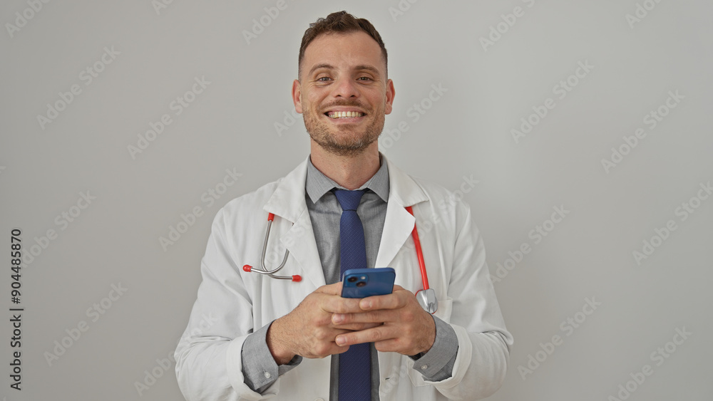Smiling man in lab coat with stethoscope using smartphone against white background Smiling man in lab coat with stethoscope using smartphone against white background