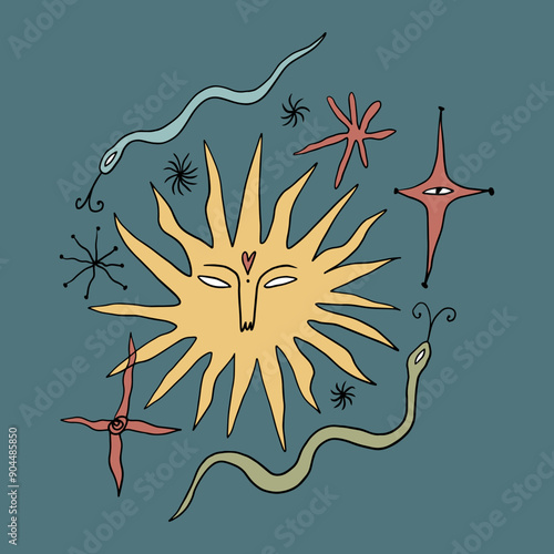 Medieval folk cartoon fairytale funny groovy whimsical Sun and snakes flat art. Doodle stellar celestial cute astronomy and astrology characters. Midsummer or Litha holiday. Hand-drawn bohemian