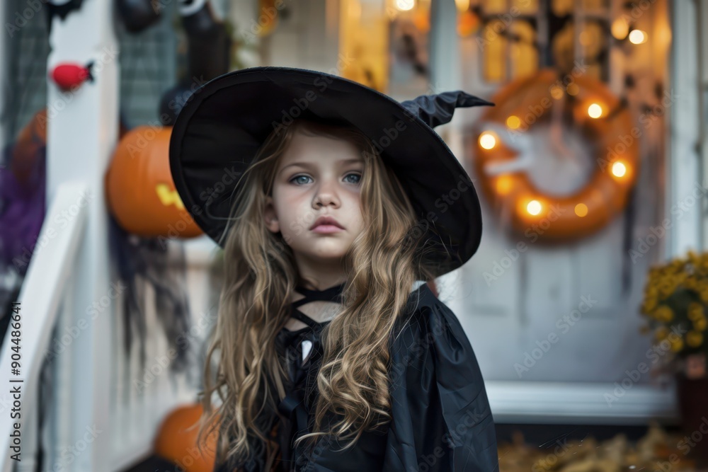 Young Witch Dressed in Black Costume Poses on Halloween Night at a Decorated Home Young Witch Dressed in Black Costume Poses on Halloween Night at a Decorated Home