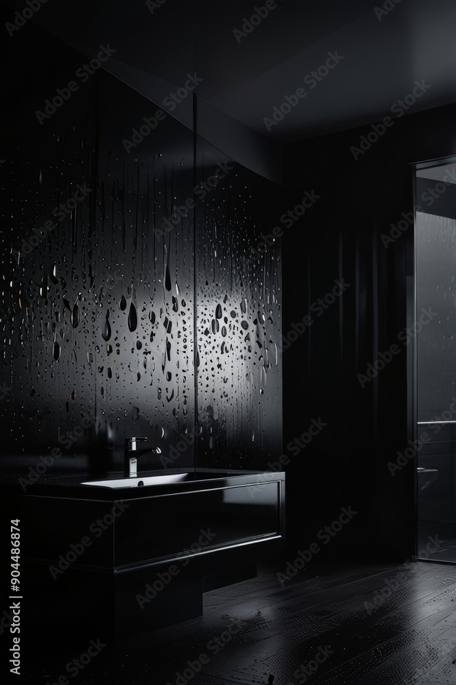 A dark room with a glossy black glass wall, on which there are several water droplets that reflect the light. A dark room with a glossy black glass wall, on which there are several water droplets that reflect the light.