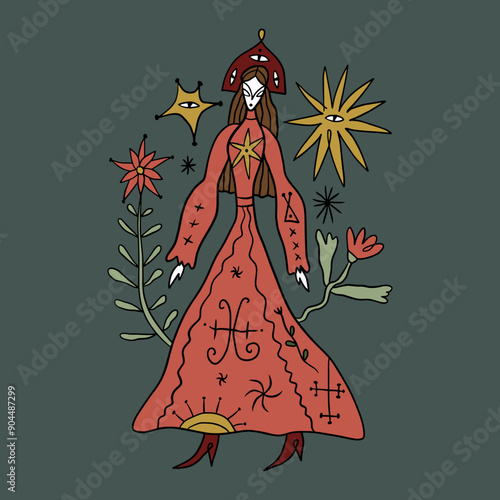 Rural doodle medieval local girl in folklore costume. Folk cartoon fairytale funny groovy whimsical flat art. Midsummer or Litha holiday. Hand-drawn bohemian composition. Boho woman energy mystical