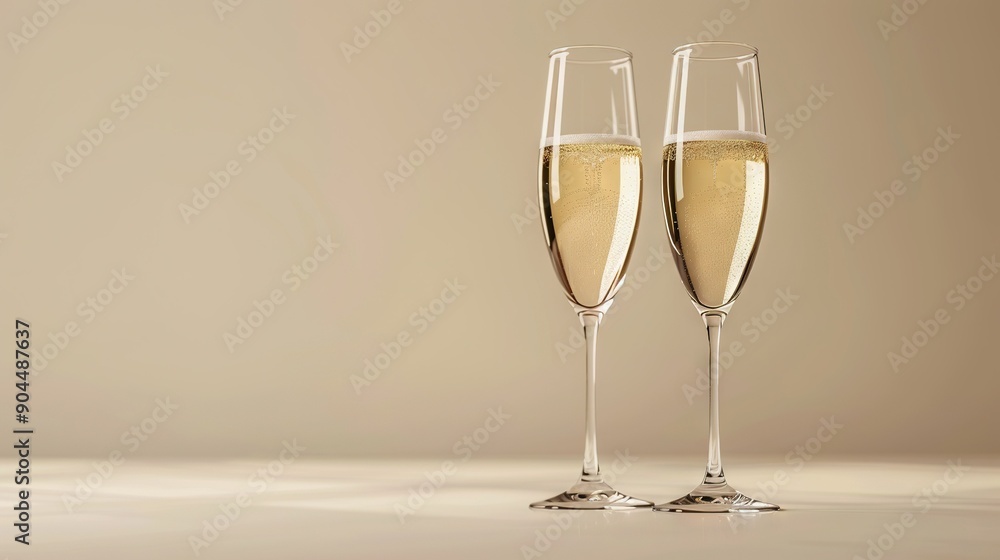 Two glasses of champagne on a white table against a light brown wall Two glasses of champagne on a white table against a light brown wall