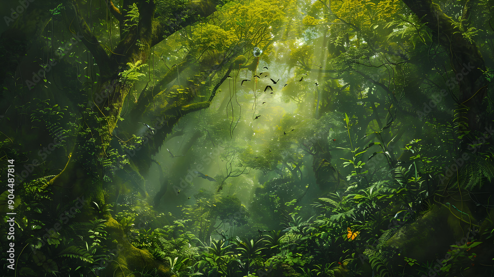 Obraz premium Sunlit Forest Canopy Teeming with Biodiversity