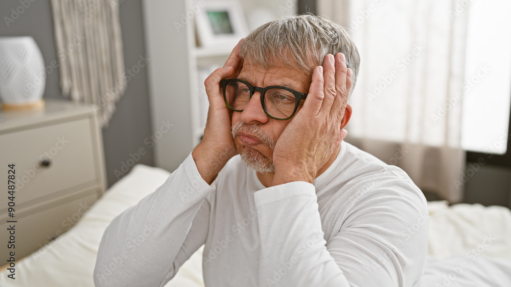 Mature grey-haired man in glasses looks pensive while sitting on a white bed in a well-lit bedroom, evoking themes of contemplation or concern. Mature grey-haired man in glasses looks pensive while sitting on a white bed in a well-lit bedroom, evoking themes of contemplation or concern.