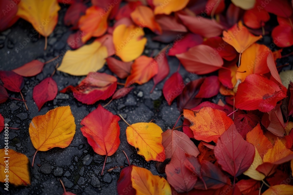 Fallen leaves in red, orange and yellow covering a wet asphalt road in autumn Fallen leaves in red, orange and yellow covering a wet asphalt road in autumn