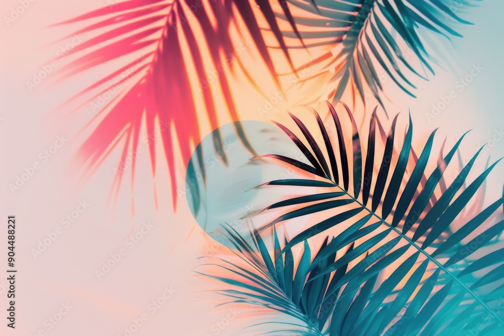 Close-up view of palm leaves against a bright pink and blue sky with soft clouds Close-up view of palm leaves against a bright pink and blue sky with soft clouds