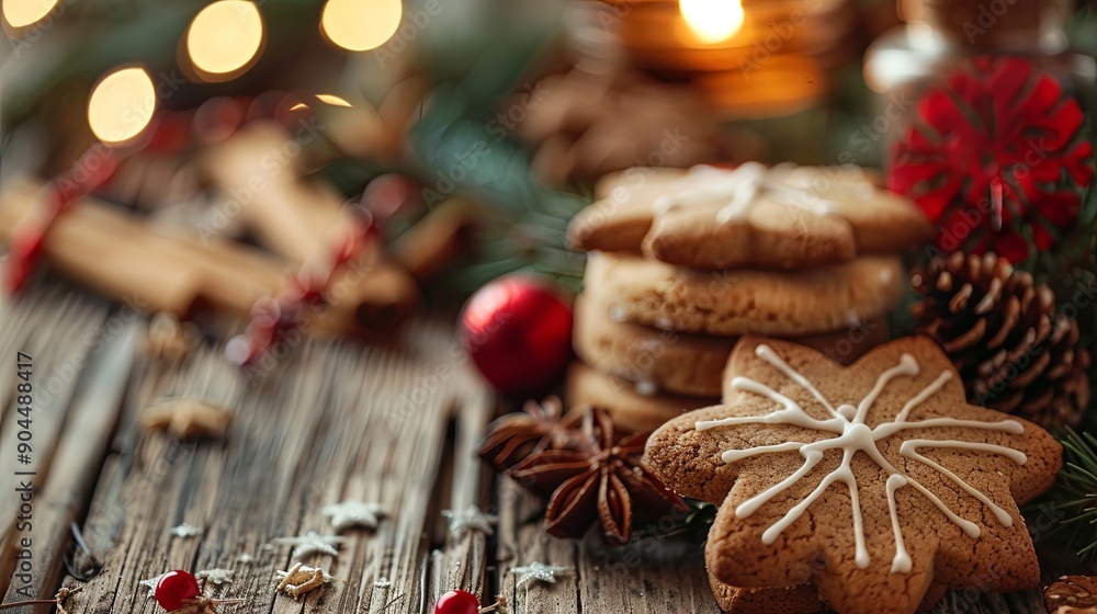 Homemade Christmas cookies decorated with icing, set amidst festive decorations and warm lighting Homemade Christmas cookies decorated with icing, set amidst festive decorations and warm lighting