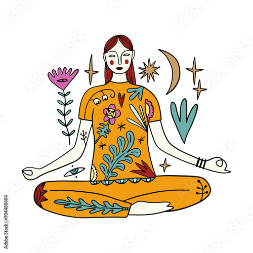 Divine feminine woman yoga asana illustration. Boho magic sun and summer groovy vibe chill concept. Mystical new age wellness holistic flat art. Silhouette abstract coloring cartoon silhouette clip