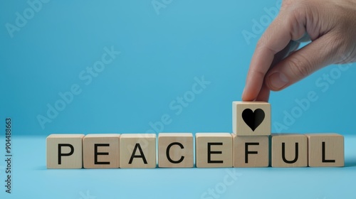Peaceful wooden block with love and heart symbol on light blue bacgrkound.