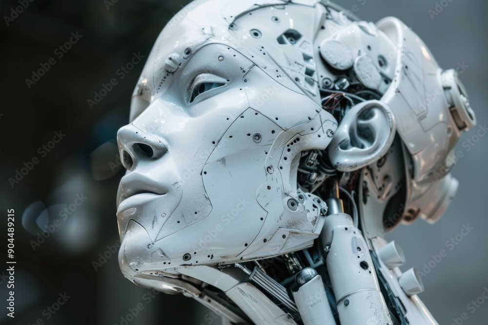 White humanoid robot is looking up with a hopeful expression White humanoid robot is looking up with a hopeful expression
