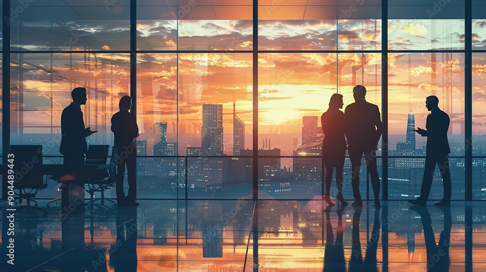 custom made wallpaper toronto digitalSilhouettes of Business People in an Office with a City Skyline and Sunset View Illustration