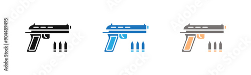 Gun with ammunition icon outline collection or set  in black and white