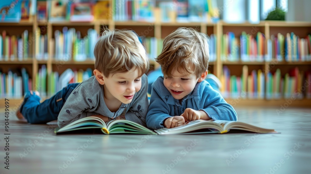Two boy kid lay down on floor and reading tale book in preschool librarykindergarten school education concept. Two boy kid lay down on floor and reading tale book in preschool librarykindergarten school education concept.