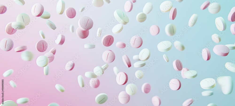 Banner with Pink and White Pills Falling on a White Background Banner with Pink and White Pills Falling on a White Background
