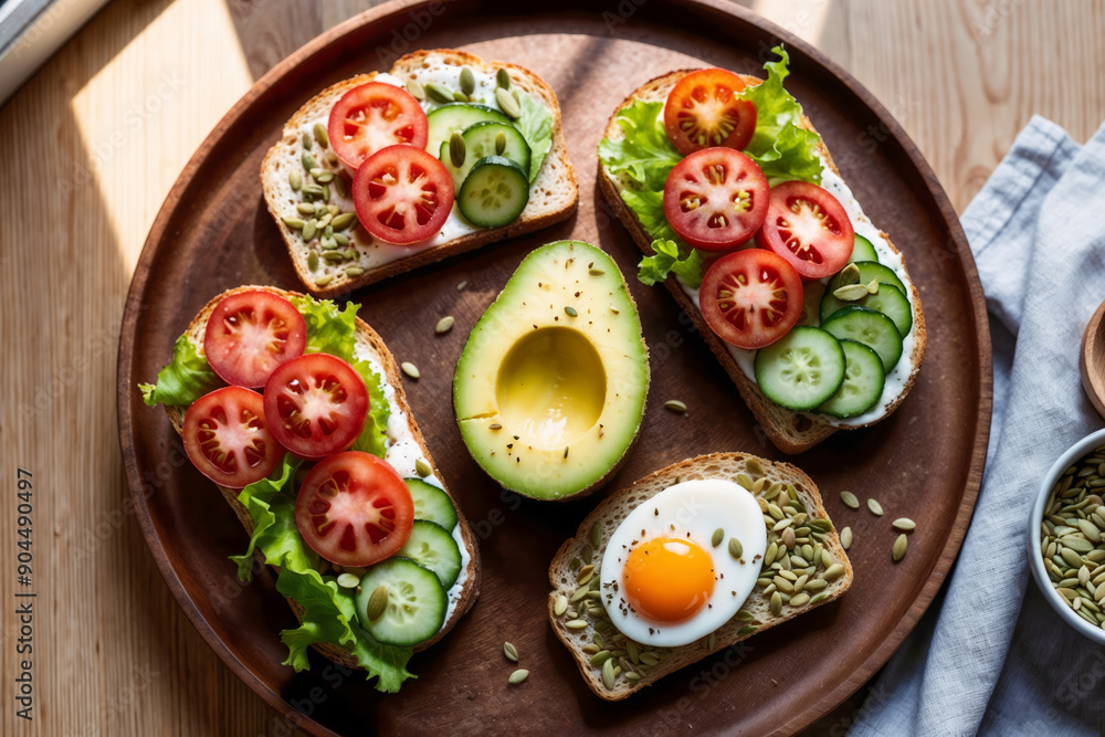Top view of wholemeal bread slices with avocado, boiled egg, tomato, cucumber, lettuce and pumpkin seeds on wooden table, healthy vegetarian meal, nutritious breakfast or lunch, healty eating Top view of wholemeal bread slices with avocado, boiled egg, tomato, cucumber, lettuce and pumpkin seeds on wooden table, healthy vegetarian meal, nutritious breakfast or lunch, healty eating