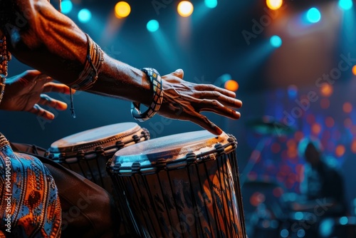 Close up of male hands playing bongo drums at an African culture event with stage lights Concept of music instruments concert photo