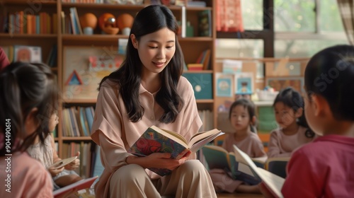 Asian female teacher teaching mixed race kids reading book in classroomkindergarten pre school concept. photo