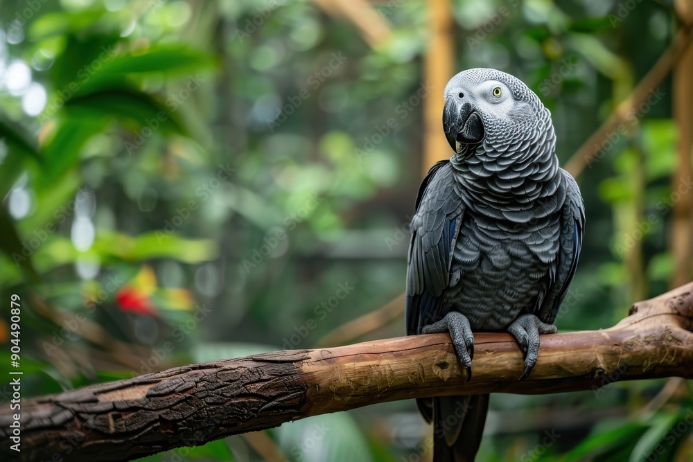 Fototapeta premium Endangered African grey parrot also known as Congo grey parrot is perched on a branch