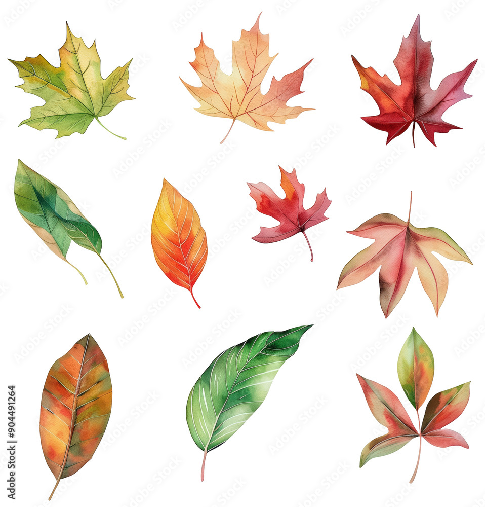 Set of vibrant, hand-drawn watercolor autumn leaves in yellow, orange, green, purple, red, brown, isolated on transparent background. Seasonal poster design Set of vibrant, hand-drawn watercolor autumn leaves in yellow, orange, green, purple, red, brown, isolated on transparent background. Seasonal poster design