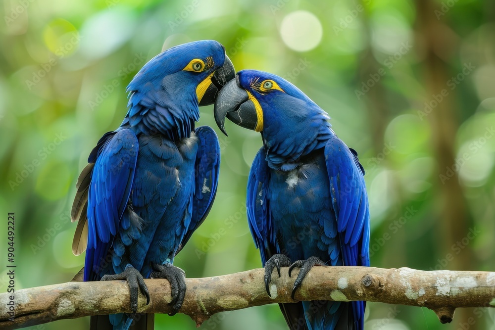 Obraz premium Two blue hyacinth macaws perched on a branch touching beaks Largest flying parrot species in Amazon Basin Wildlife scene