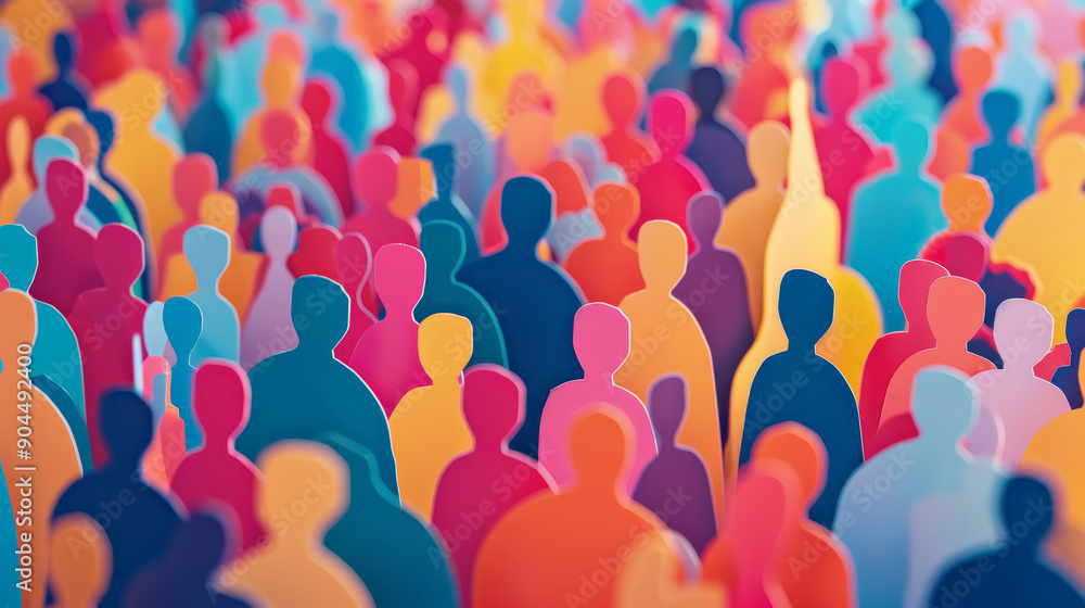 Large crowd of people, paper cutout art style colorful background. Concept of global unity and humanity's diverse spectrum. Large crowd of people, paper cutout art style colorful background. Concept of global unity and humanity's diverse spectrum.