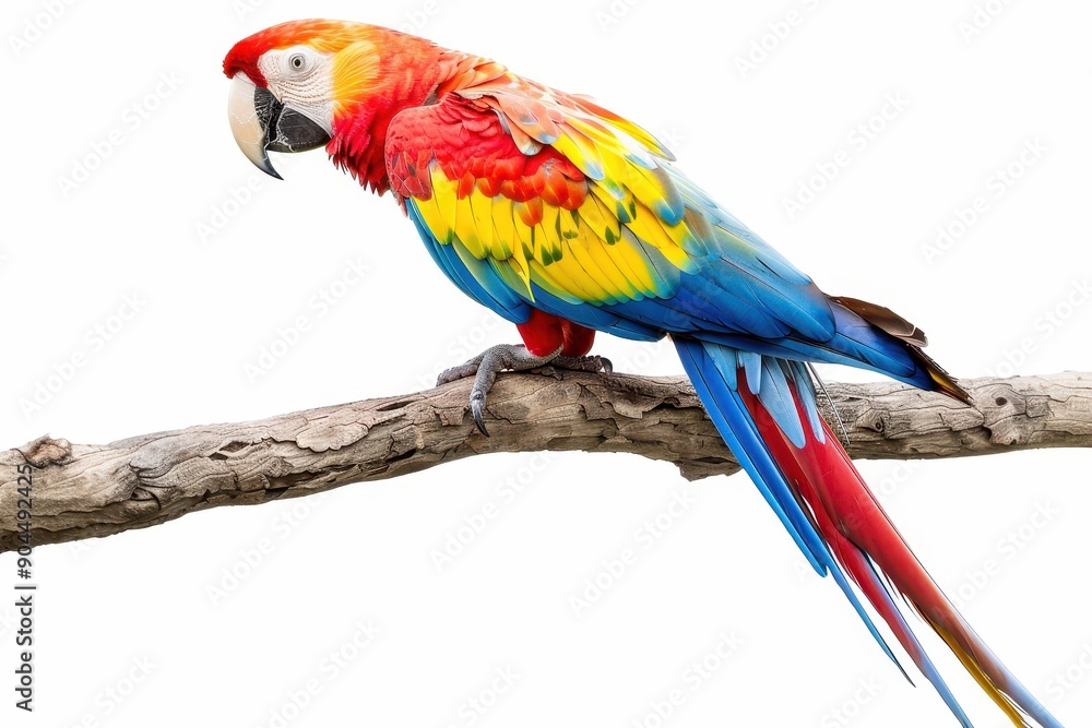Fototapeta premium Vibrant Scarlet Macaw perched on branch with white background and clipping path