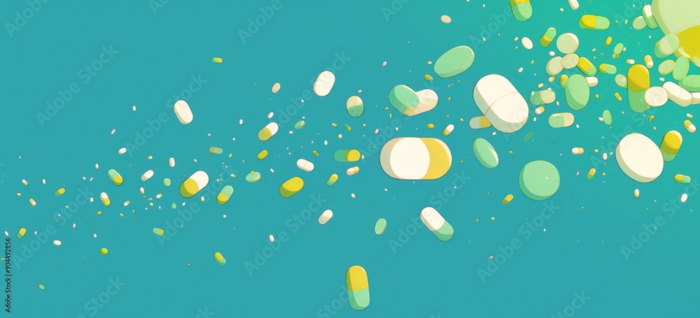 White and Green Pills Falling on Light Blue Background: Simple Flat Illustration with Scattered Particles White and Green Pills Falling on Light Blue Background: Simple Flat Illustration with Scattered Particles