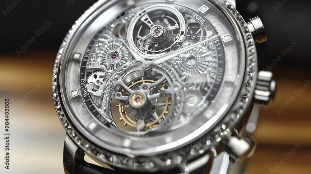 Image of luxury watch with a glassmorphism face, viewed in soft reflections and intricate details. Image of luxury watch with a glassmorphism face, viewed in soft reflections and intricate details.