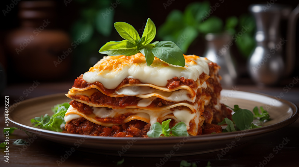 Portion of beautifully plated lasagne on a rustic brown plate. The dish showcases layers of pasta, rich meat sauce, and creamy béchamel, topped with melted cheese and a fresh basil sprig. Portion of beautifully plated lasagne on a rustic brown plate. The dish showcases layers of pasta, rich meat sauce, and creamy béchamel, topped with melted cheese and a fresh basil sprig.