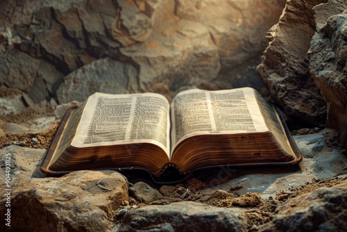 Old, open bible resting on rocks receiving sunlight in a cave photo