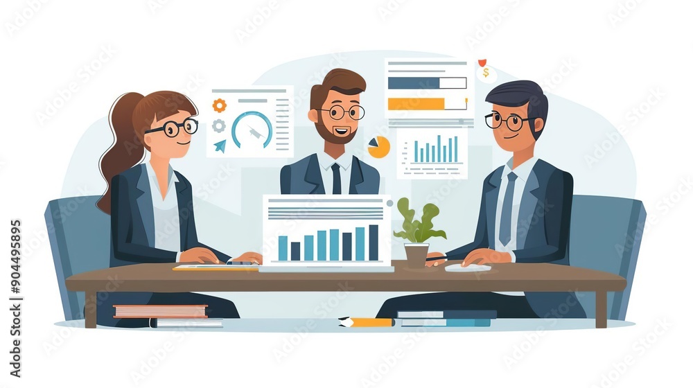 Business People Meeting Illustration - Discussing Data and Charts Business People Meeting Illustration - Discussing Data and Charts