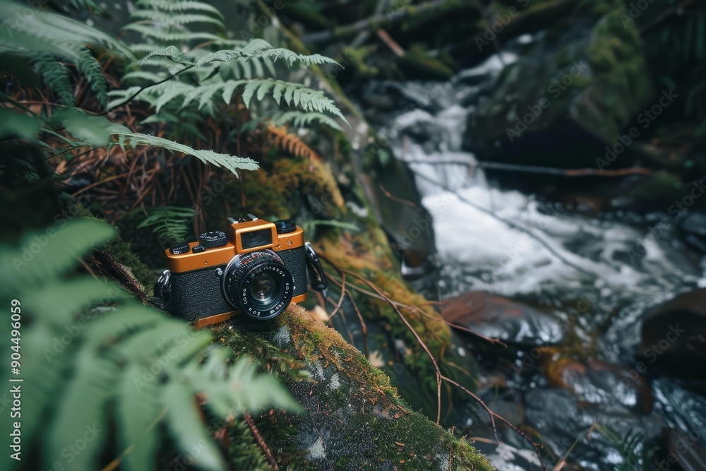 Naklejka premium Vintage camera sits atop a moss covered rock, near a gently flowing waterfall in a vibrant green forest