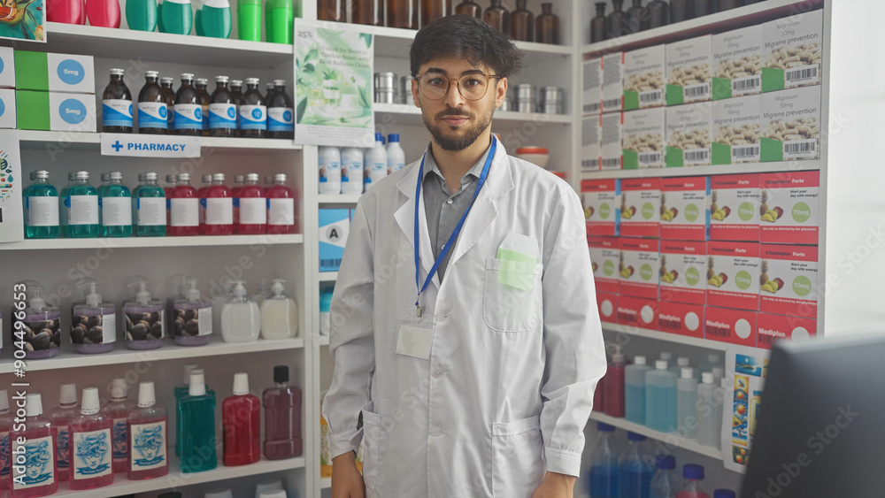 A young bearded man in a white lab coat standing in a pharmacy full of medication shelves. A young bearded man in a white lab coat standing in a pharmacy full of medication shelves.