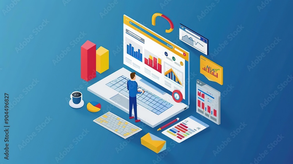 Business Analyst Working on Data Analytics on a Laptop Illustration Business Analyst Working on Data Analytics on a Laptop Illustration