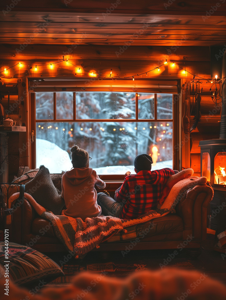 Cozy Couple Relaxing in Cabin, Snowy Winter View, Warm Interior Lighting Cozy Couple Relaxing in Cabin, Snowy Winter View, Warm Interior Lighting