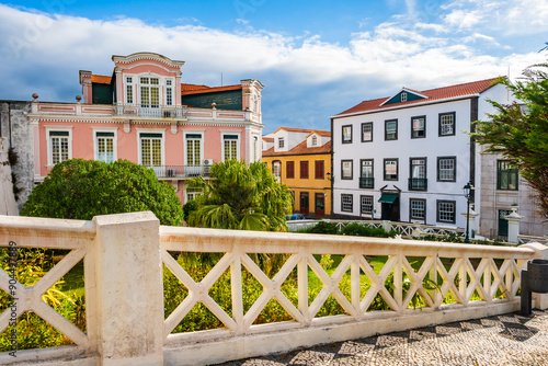 Obraz na płótnie Traditional colonial style architecture with colorful house and small garden in Horta town, Faial island, Azores, Portugal w salonie