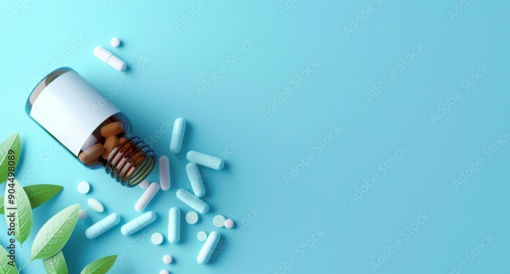 Medical Treatment: Bottle with Pills Spilling on Light Blue green teal Background for Web Banner Medical Treatment: Bottle with Pills Spilling on Light Blue green teal Background for Web Banner