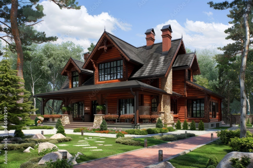 Large country house with wooden walls and a tiled roof surrounded by lush landscaping Large country house with wooden walls and a tiled roof surrounded by lush landscaping