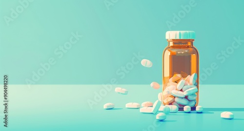 Medical Treatment: Bottle with Pills Spilling on Light Blue green teal Background for Web Banner