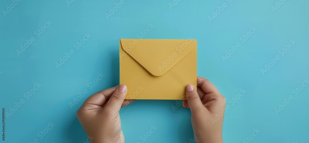 Hand holding an envelope icon, with blue background and copy space for text or design Generative AI Hand holding an envelope icon, with blue background and copy space for text or design Generative AI