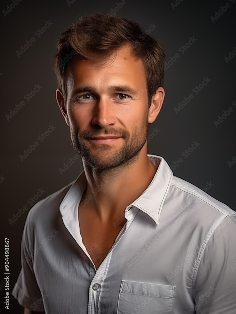 Studio portrait of a handsome young man with stubble wearing a casual white shirt on a dark background Studio portrait of a handsome young man with stubble wearing a casual white shirt on a dark background