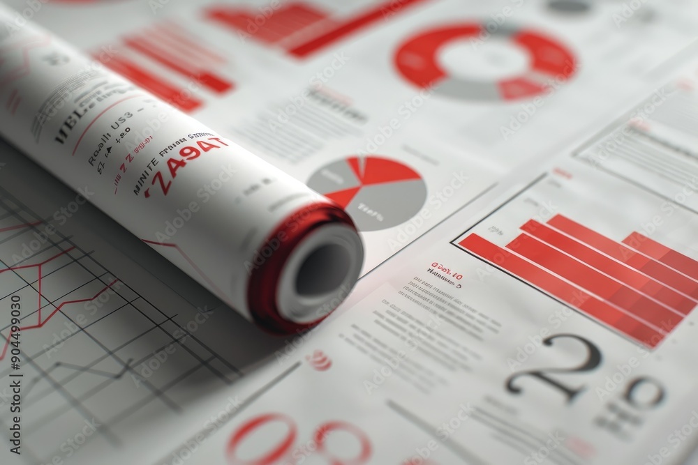 Rolled up financial newspaper lying on charts and graphs representing ...