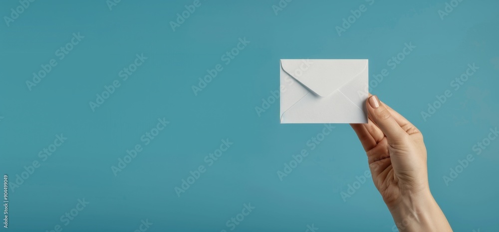 Hand holding a white mail icon on a blue background, concept of contact us or communication service and support Banner for a website with copy space Generative AI Hand holding a white mail icon on a blue background, concept of contact us or communication service and support Banner for a website with copy space Generative AI