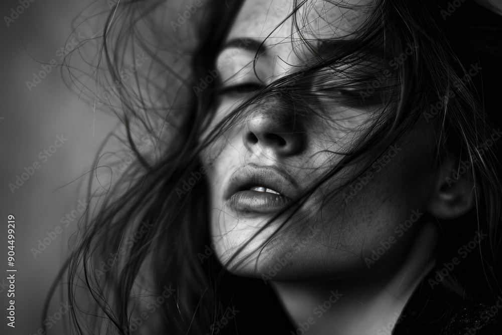 A black and white photo of a woman's hair being blown by the wind, focusing on the movement and texture A black and white photo of a woman's hair being blown by the wind, focusing on the movement and texture
