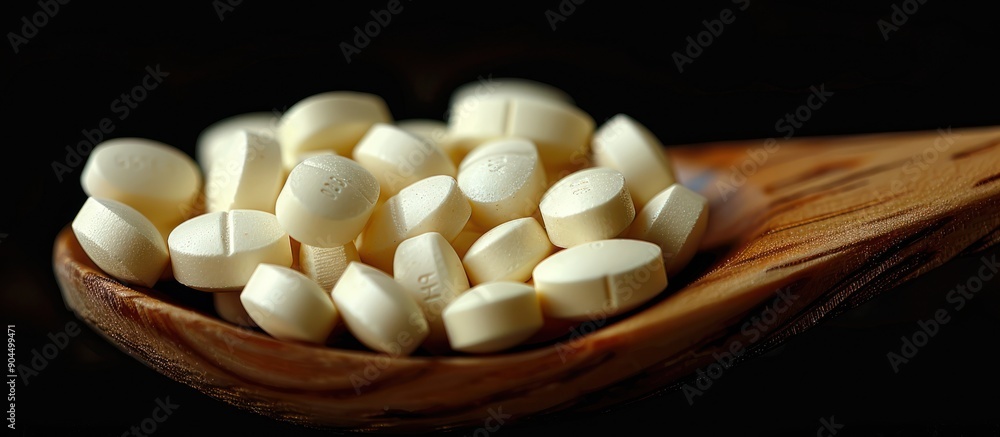 Close-Up of White Pills in Wooden Spoon Close-Up of White Pills in Wooden Spoon