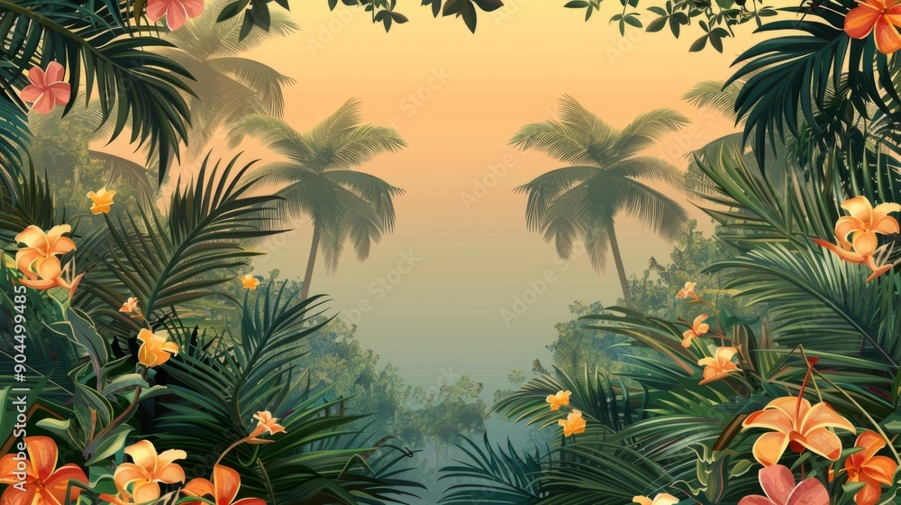 Background with palm trees and tropical flowers. generative ai