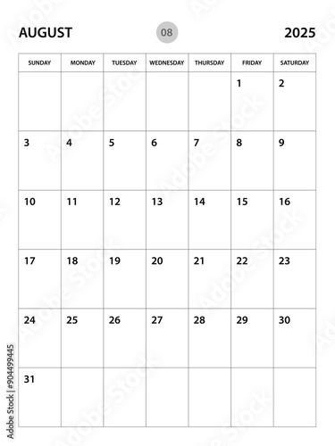 August  2025 year planner template, calendar 2025 desgin, monthly and yearly planners. organizer diary. week start Sunday, corporate planner template, Desk calendar 2025, vertical layout, vector