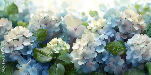 Beautiful Pastel Hydrangea Flowers in Bloom Amidst Lush Green Foliage.