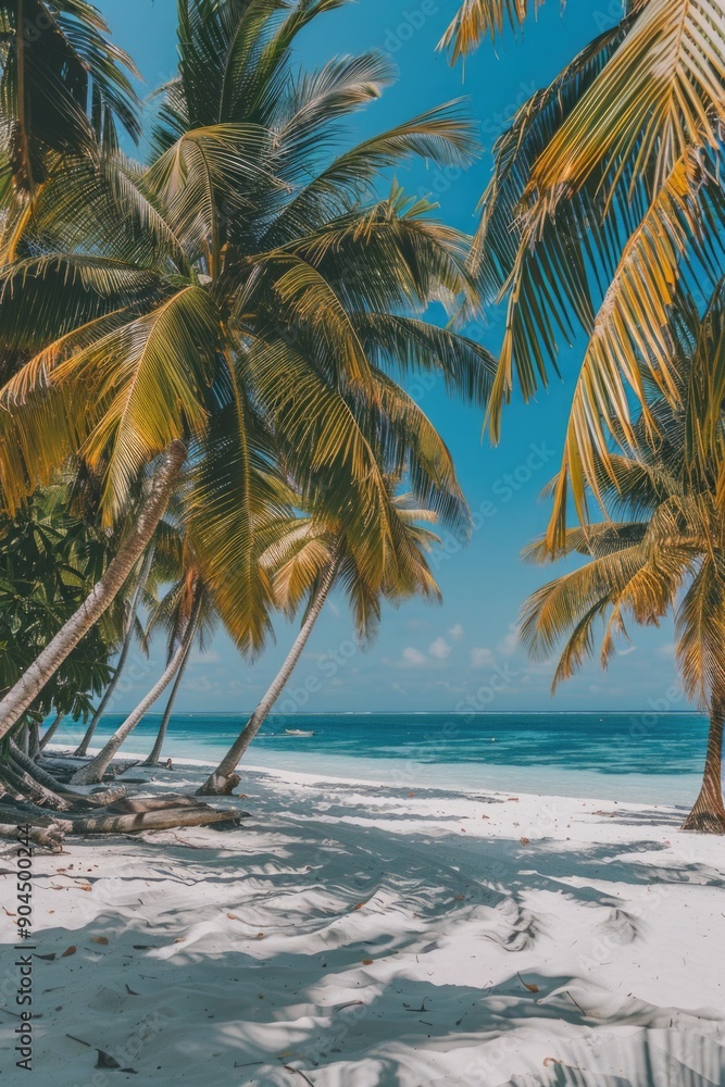 Fototapeta premium A serene beach scene with palm trees and the ocean in the background, perfect for travel or relaxation compositions