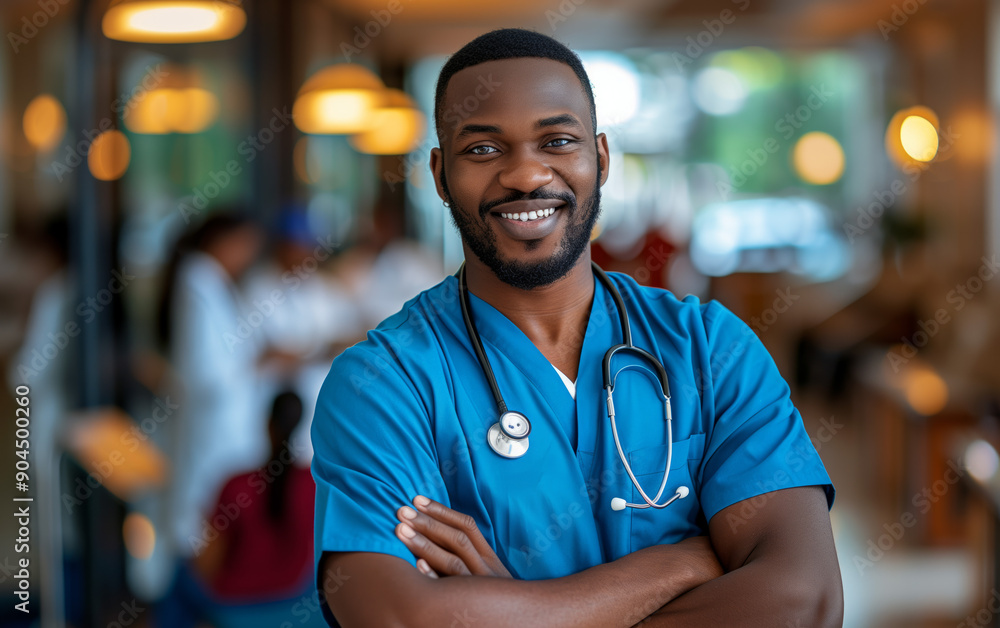 Fototapeta premium Detailed portrait of an African American doctor in a hospital hallway, wearing a stethoscope.